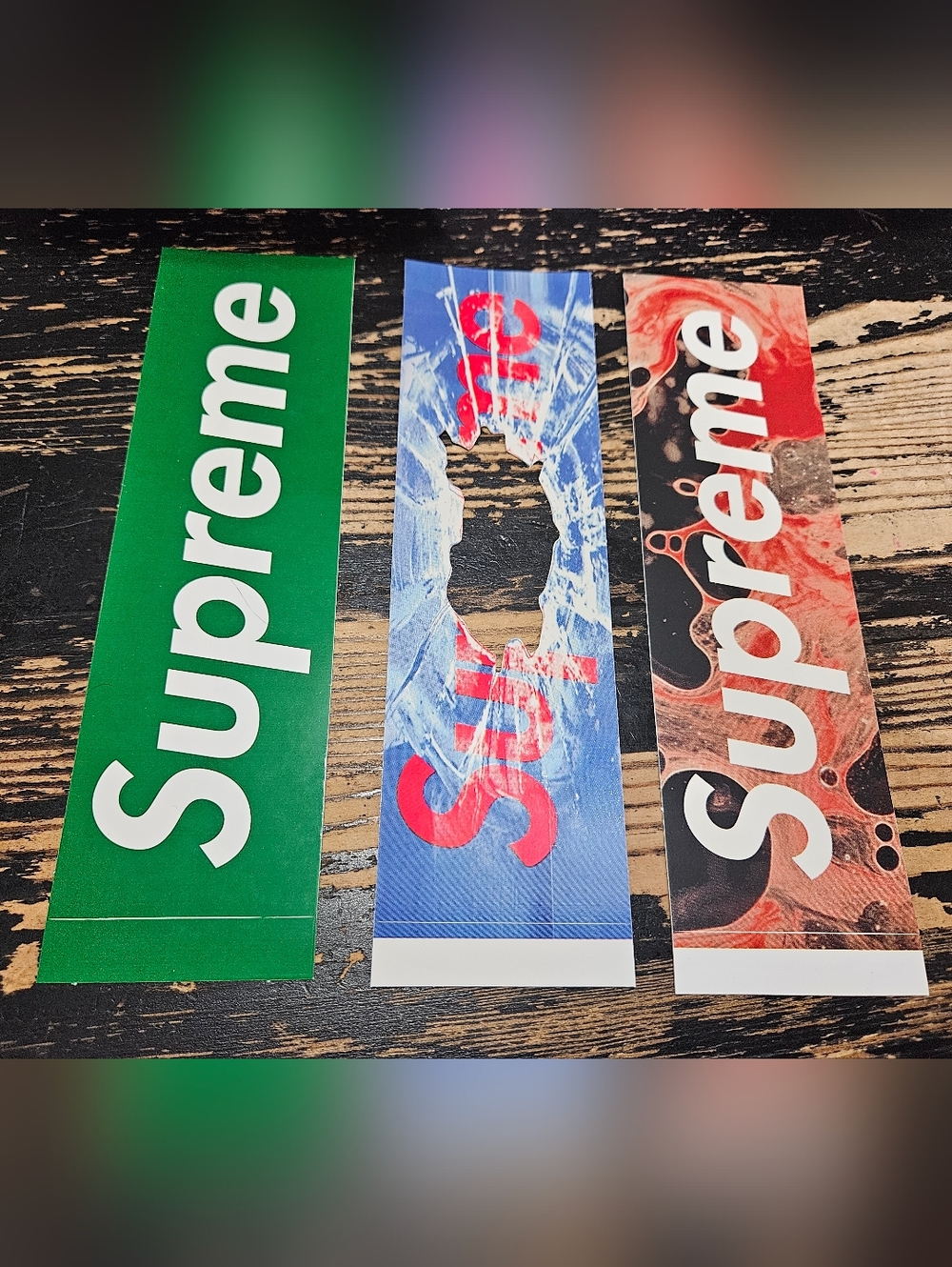 Supreme Box Logo Stickers 3 Pack 1 Shattered 1 Blood & S  1 Green Box Logo